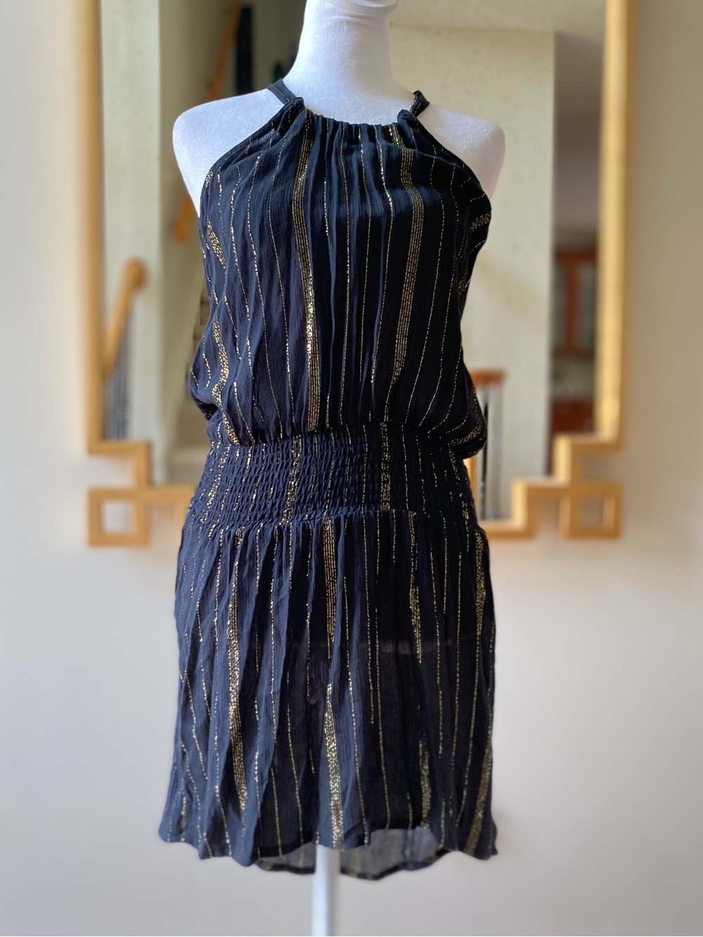 La Blanca Black Gold Shimmer Metallic Getaway Smocked Dress Coverup XS NWT - Picture 3 of 16